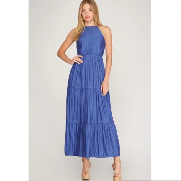 Boho Blue Tiered Open Back Maxi Dress - Picture 2 of 5